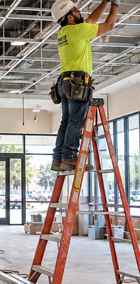 GPS crew member on a ladder installing a suspended ceiling grid in a commercial space under renovation