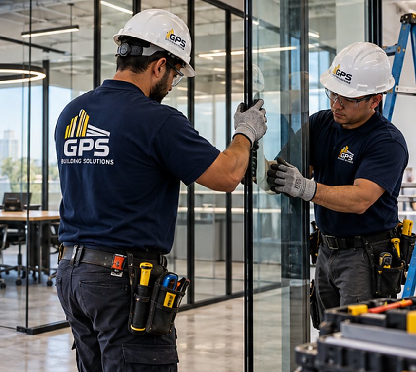 GPS installers setting a floor-to-ceiling glass partition for an office conference room