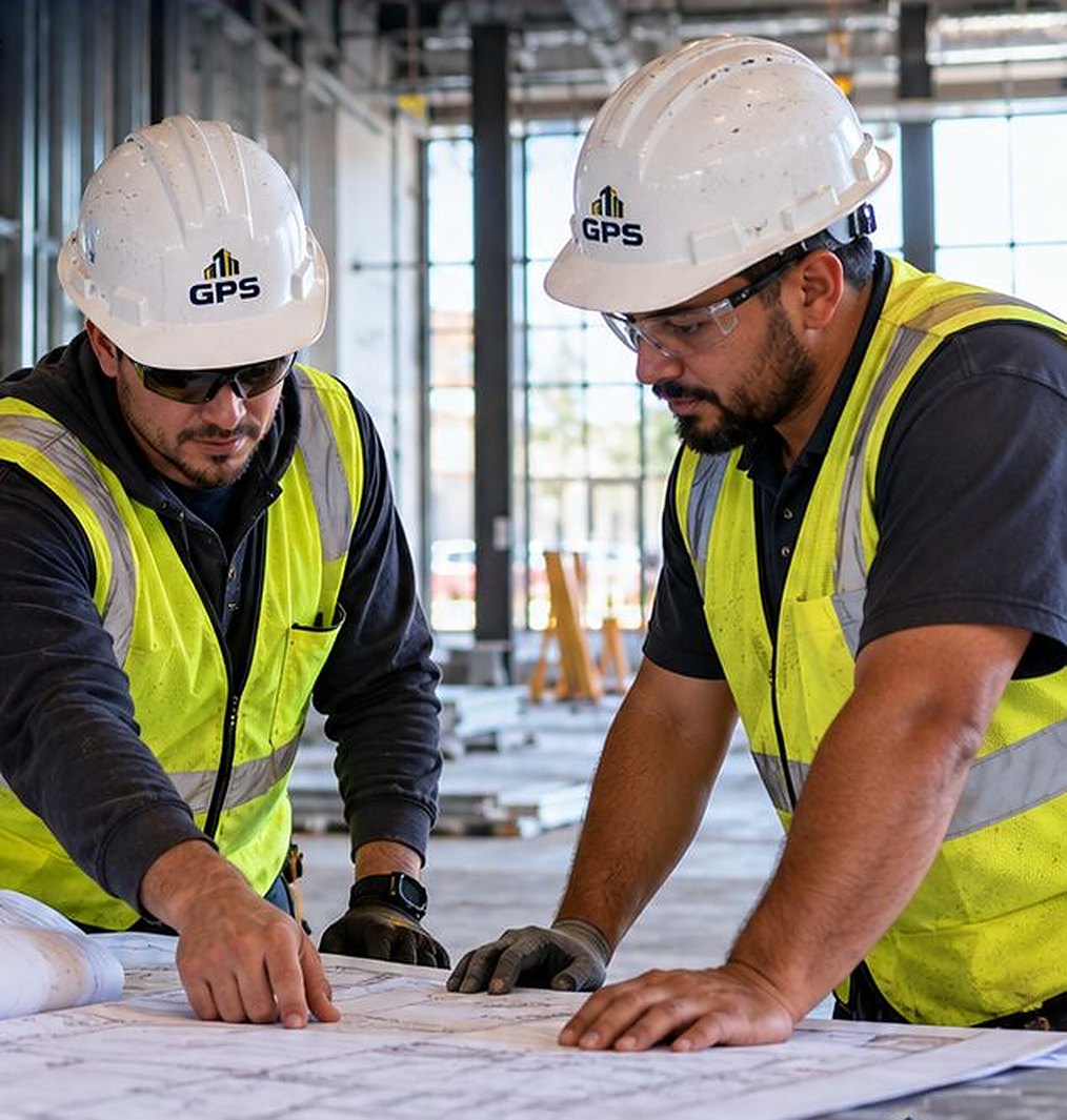 Two GPS Building Solutions crew members in hard hats and safety vests reviewing blueprints on an active commercial job site