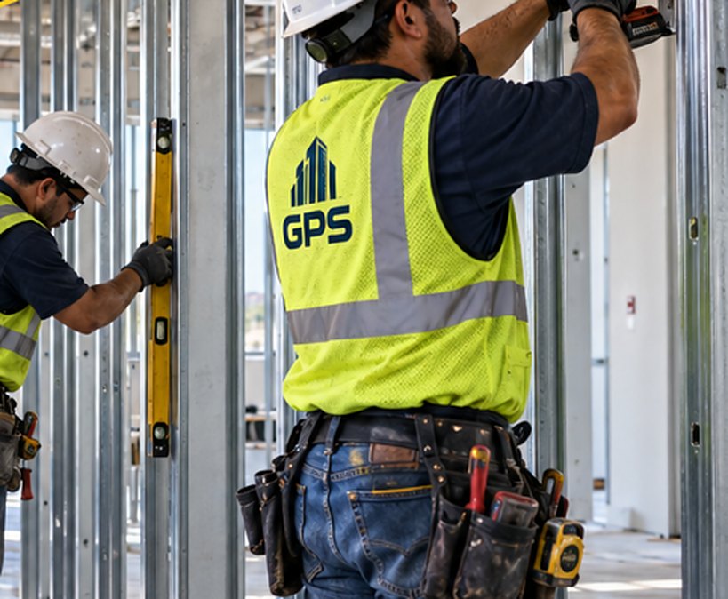 Two GPS crew members leveling and fastening metal studs for new office partition walls