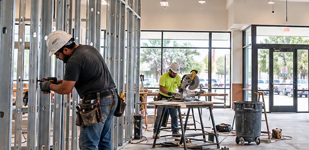 GPS crew framing interior metal-stud walls and installing a ceiling grid inside a retail space under renovation